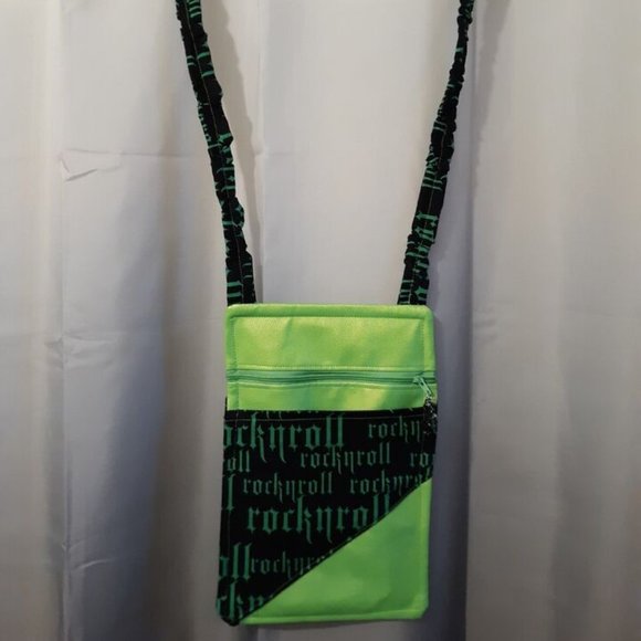 New ROCK N ROLL Vinyl Crossbody Purse Shoulder Bag Black Bright Green Punk Rave - Picture 2 of 10